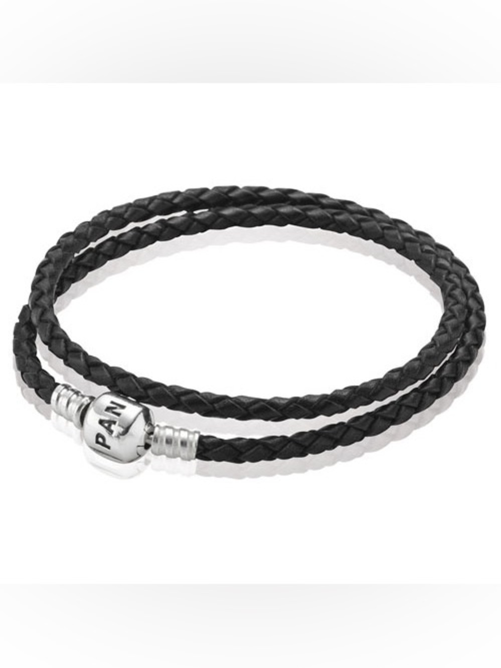 PANDORA (13.5") Double Black Leather Bracelet Authentic Sterling Silver Woven